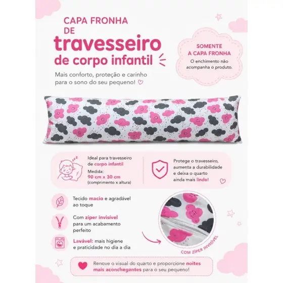 Fronha para Travesseiro de  Corpo Infantil 90x30  Com Zíper