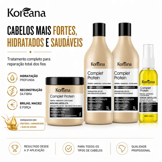 Kit Completo Protein Koreana Shampoo 1L Condicionador 1L Máscara 500g Hidratação e Reconstrução