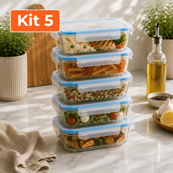 Kit 5 Unidades Potes Herméticos Marmita de Vidro 640ml Fitness Geladeira Forno