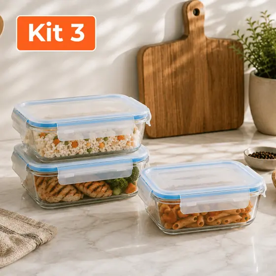 1 2 ou 3 Marmitas de Vidro Herméticas 640ml Potes com Tampa Trava Anti Vazamento Freezer Forno Geladeira