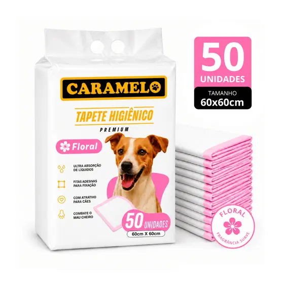 Tapete Higiênico Caramelo Fragrância Floral - Alta Absorção - 50 Unidades (60x60) Ou 30 Unidades (80x60)