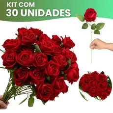 Kit 30 Rosas Artificial Aveludada 50cm Vermelha Individual Decoração Arranjo Flor