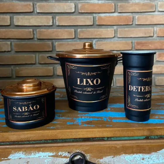 Kit Pia Luxo 3 Peças Alumínio Preto Decorado com Tampa Cobre – Organizador Elegante Cozinha
