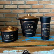 Kit Pia Luxo 3 Peças Alumínio Preto Decorado com Tampa Cobre – Organizador Elegante Cozinha