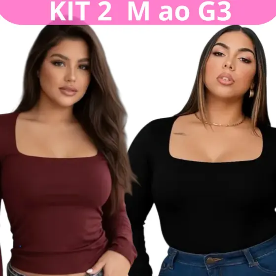 Kit 2 Blusas Plus Size Feminina Gola Quadrada de Manga Comprida feminina Inverno Casual Chique de M ate G3
