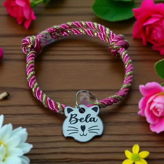 Coleira Gato Colar Trançado com Nome e Contato Personalizado Tag Cat em Aço