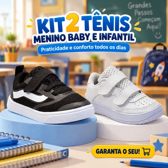 Kit 2 Tênis De Velcro Menino Escolar – + Praticidade e Economia com Dois Modelos - Pronta Entrega