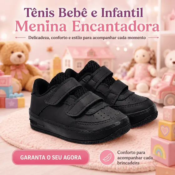 Tênis Preto Velcro Escolar Infantil Menina - Conforto Para Todo o dia - 20 ao 35 Estoque Rápido