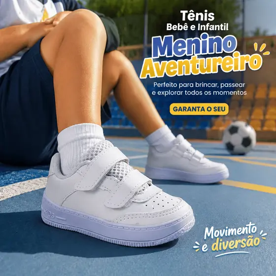 Tênis Velcro Branco escolar Infantil Menino - Para Estudo e Brincadeira - 20 ao 35 Pronta Entrega