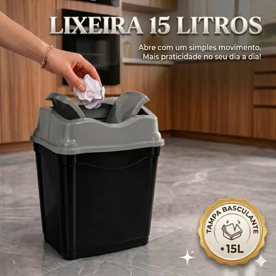 Lixeira Multiuso Plastico 15 litros Tampa Basculante Vai e Vem Cozinha