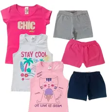 Kit 6 Peças Verão Menina Infantil e Juvenil - 3 Blusas + 3 Shorts- SORTIDOS