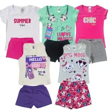 Kit 10 peças SORTIDO Verão Infantil e Juvenil Menina - 5 Blusas + 5 Shorts