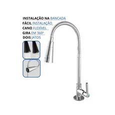 Torneira de Cozinha Mesa Bancada Gourmet Flexível 2 Jatos 1/4 de Volta Metal