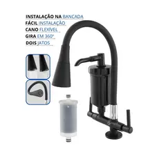 Torneira com Filtro Gourmet Flexível Cozinha Bancada Preta All black c/ Ducha 2 Jatos 1/4 de Volta + Refil