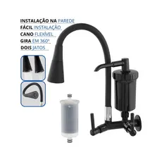 Torneira com Filtro Gourmet Flexível Cozinha Parede Preta All black c/ Ducha 2 Jatos 1/4 de Volta + Refil
