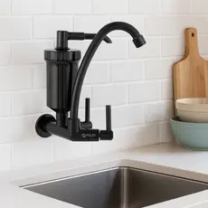 Torneira com Filtro Parede Bica Móvel Gourmet Cozinha Preta All Black 1/4 de Volta + Refil