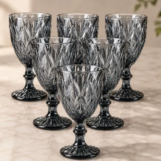 Kit Jogo 6 Taças Vidro Diamante Diamond Vinho Suco Água 340ml Bico Jaca Abacaxi Restaurante Buffet