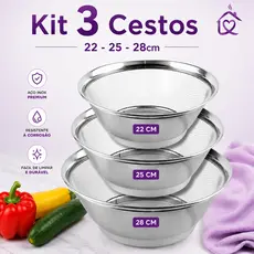 Jogo 1 ou 3 Cestos Inox Escorredor 22 25 28CM Resistente Lava Alimentos Arroz Legumes Frutas Massas