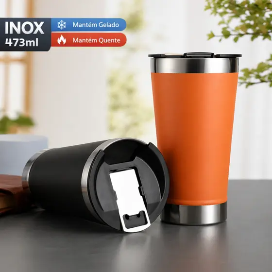 Copo Térmico Inox 473ml com Tampa Caneca Isolada Bebida Quente e Fria Portátil Cores Variadas
