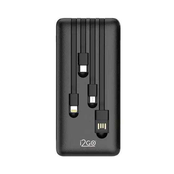 Carregador Portátil Power Bank i2GO 10000mAh Com Cabos Acoplados Micro-USB USB C Lightning e USB A