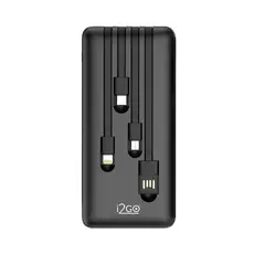 Carregador Portátil Power Bank i2GO 10000mAh Com Cabos Acoplados Micro-USB USB C Lightning e USB A
