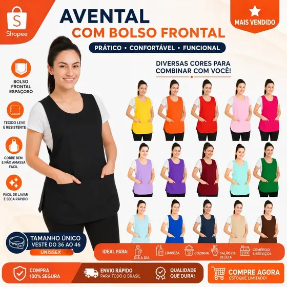 Avental Bata Feminino Profissional Com Bolso Uniforme Oxford Resistente Cozinha Limpeza Serviços Gerais Babá Diarista
