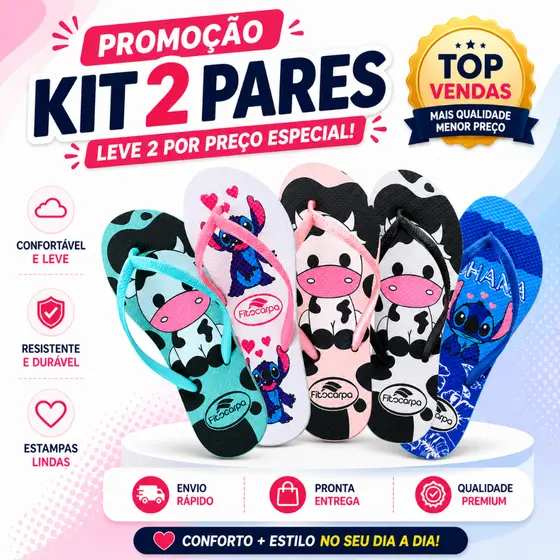 Kit 2 Pares Sandália Chinelo Feminino Feminina Confortável Envio Imediato