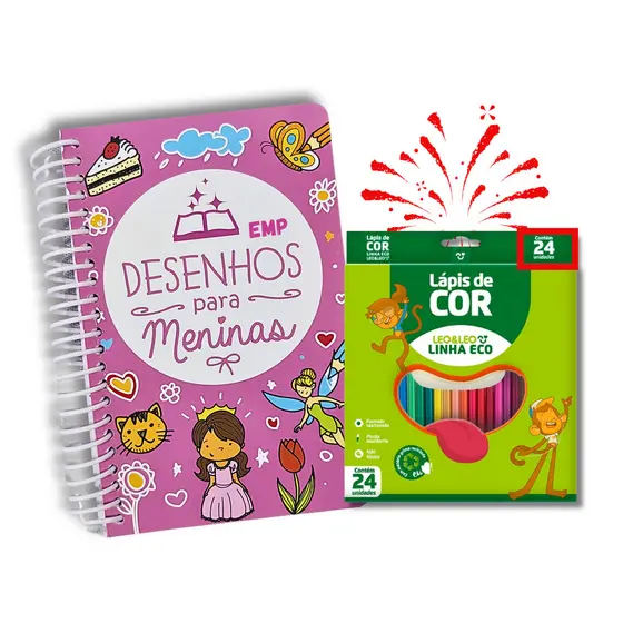 Livro Infantil de Desenhos para Meninas Espiral com Lapis de Cor 24 Cores