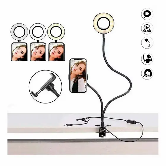 Luz Ring Light LED 2 em 1 + Suporte Celular Flexível Clip Mesa USB Iluminação Para Vídeo Live