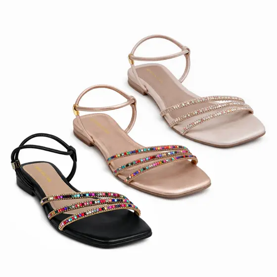 Sandália Feminina Rasteirinha com Strass Colorido Confortável Elegante Casual e Dia a Dia Cobre Preto Nude
