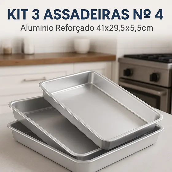 Kit 3 Assadeiras Alumínio Nº 4 Retangular 41x29x5,5cm Forno e Cozinha