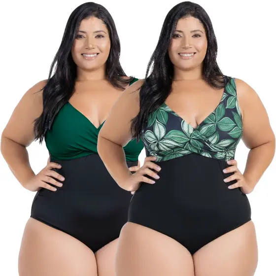 Maiô Plus Size Transpassado Kit 2 Unidades Liso e Estampado Modelador Com Bojo Removível