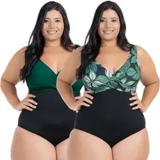 Maiô Plus Size Transpassado Kit 2 Unidades Liso e Estampado Modelador Com Bojo Removível