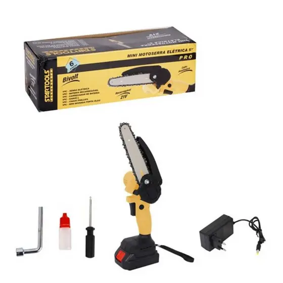 Mini Motosserra Elétrica 6'' Com Bateria Recarregável Profissional Bivolt