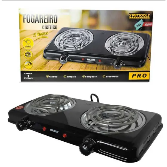 Fogareiro Elétrico Portátil 2 Bocas 220V - Preta 2000w