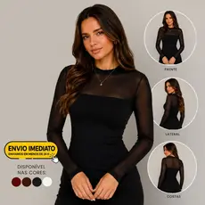 Blusa Tule Feminina Manga Longa Transparente Segunda Pele Elegante Sofisticada Moda Blogueira Varias Cores