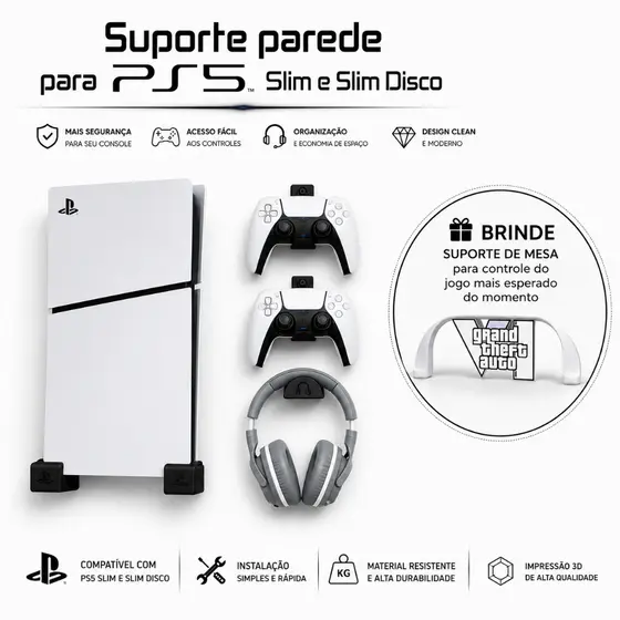 Kit PS5 Slim Digital ou Disco Suporte de parede para + 2 Suportes Controle + Suporte Headset + Bucha e parafuso + Brinde