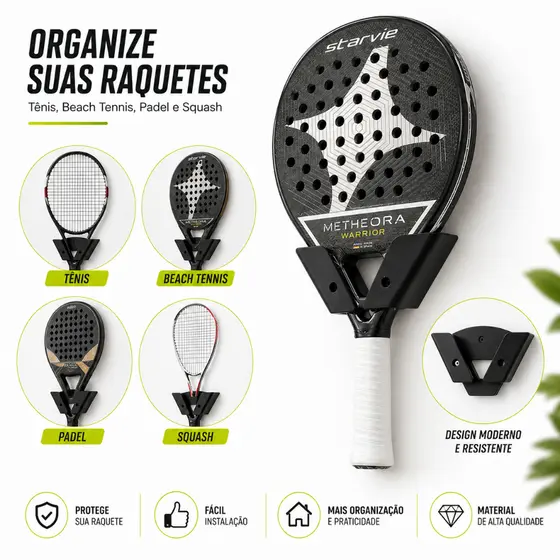 Suporte de Parede para Raquete de Tênis, Beach Tennis e Padel – Organizador Resistente e seguro com parafusos e buchas