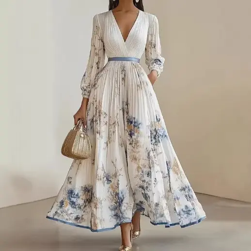 Vestido estampado feminino estilo europeu americano elegante moda com decote em V