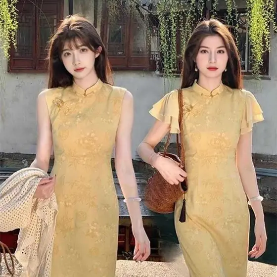 Estilo chinês novo estilo chinês padrão escuro Jacquard respirável saia longa suave Retro atmosférico Cheongsam vestido