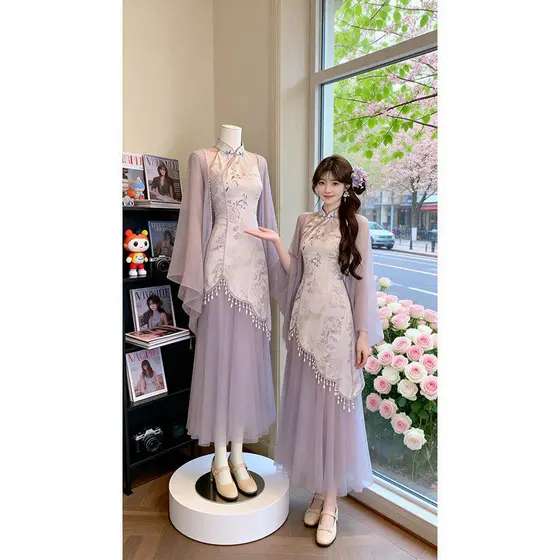 Retro novo estilo chinês sem mangas vestido Jacquard costura gaze Cheongsam feminino