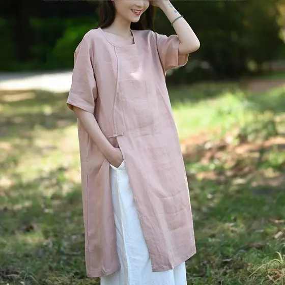 Verão senhoras algodão linho feminino Retro novo estilo chinês vestido de camisa de comprimento médio