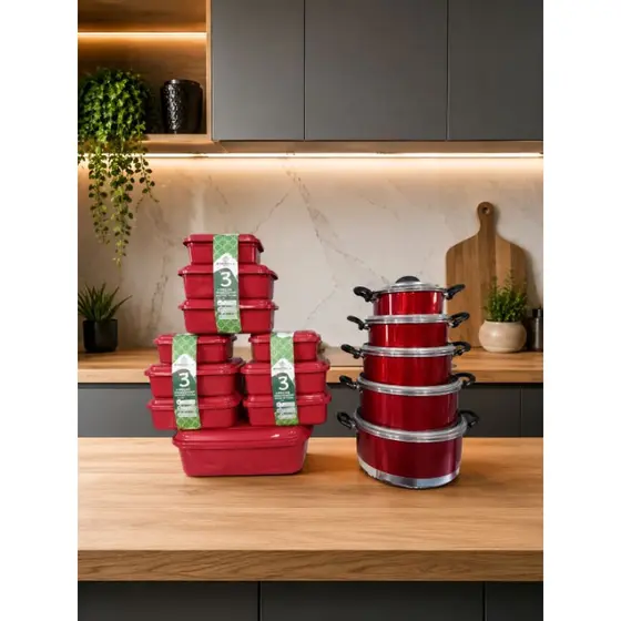 KIT JOGO DE PANELAS 5 PEÇAS +  JOGO DE POTES 10 PEÇAS