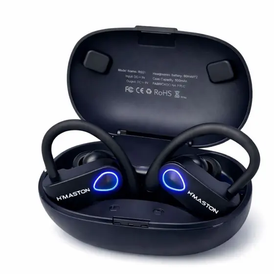 Fone de Ouvido Sem Fio Esportivo Gancho Bluetooth Cancelamento de Ruído TWS Estéreo com LED 15h
