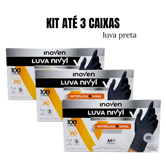 Kit 3 Caixas de Luva Vinil Nitrilica Preta Descartavel 300 unidades Sem Po