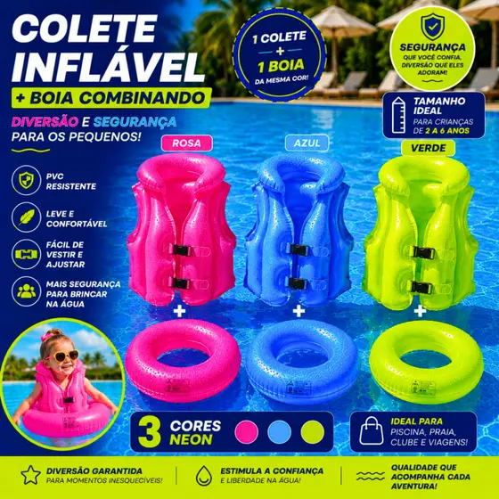 Kit Boia Infantil Inflavel Colete Segurança + Boia Circular Donuts Neon Para Criança Praia Piscina