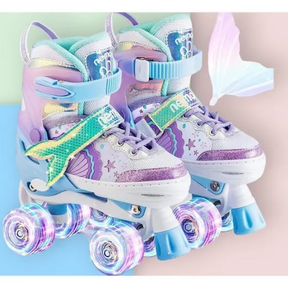 Patins Sereia 4 Rodas Infantil Lançamento Tamanho Regulável com LED