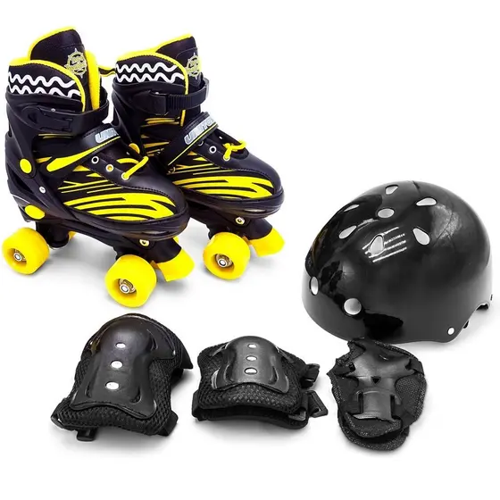 Patins Infantil Quad Ajustável Preto/Amarelo + Kit Proteção Menina e Menino Turma da Aventura