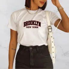 Camiseta Tshirt Blusinha Feminina Brooklyn New York 100% Algodão Estampada Casual Basica Dia a Dia Passeio Verao Top