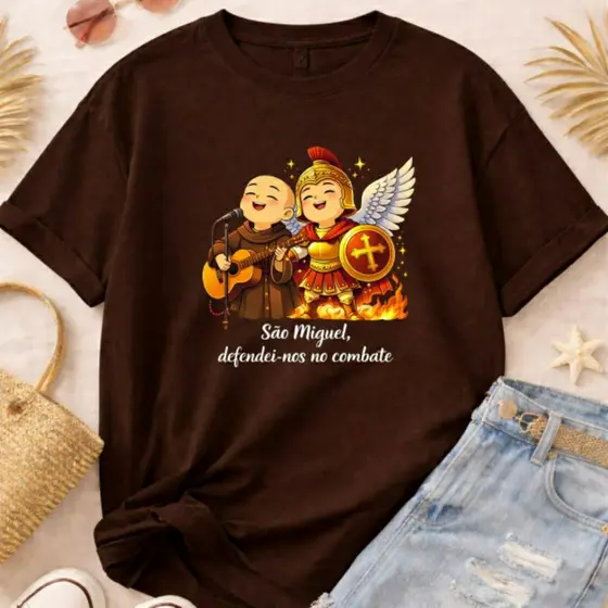 Camiseta Blusa Camiseta T-shirt Unissex São Miguel Rosário Frei Gilson Católica Moda Cristã Religiosa Igreja Fé